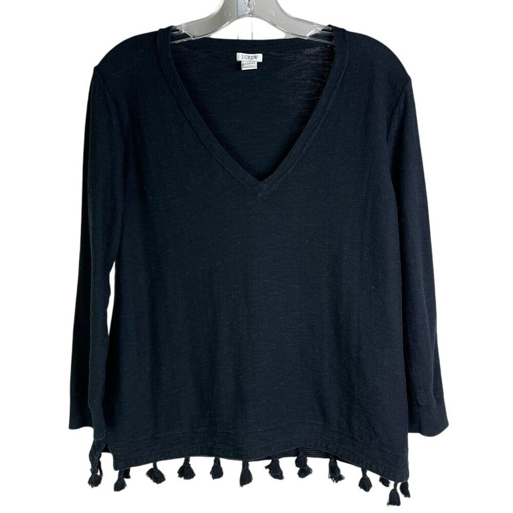 J.Crew Sweater Womens M Black Cotton V-Neck Tassel Hem‎ 3/4 Sleeves Pullover